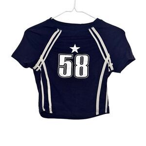 Shein EZwear  Knitted Tight Offset Printed Short Sleeve Crop Top Dark Blue Sz 2